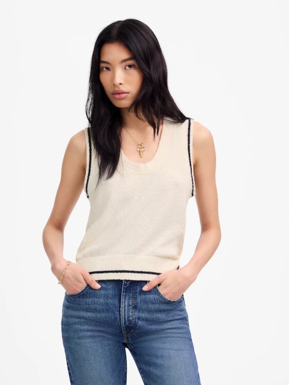 Madewell Cream Knit Sweater Tank with Black Trim